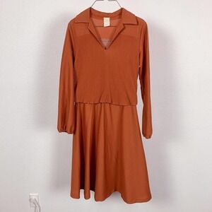 VINTAGE Queens Row V-Neck Burnt Orange Polyester Blouson Secretary Dress 15 16